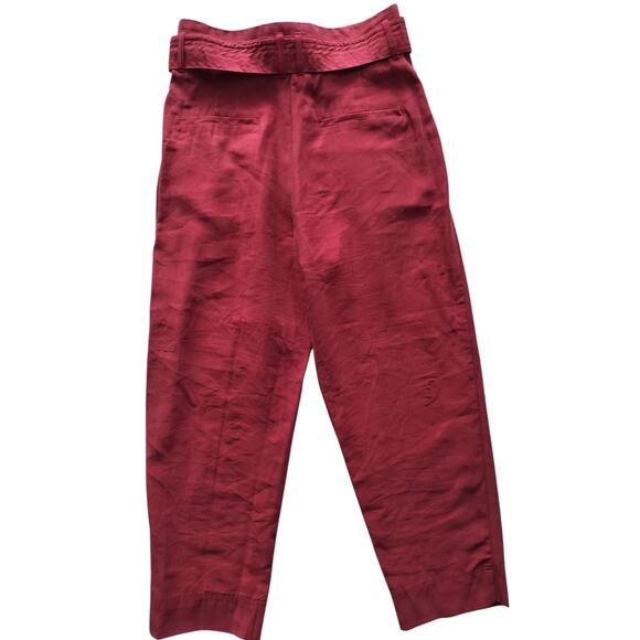 H&M Women's Burgundy Belted Pleated Straight Leg Trouser Pants Size 8 - Picture 5 of 9